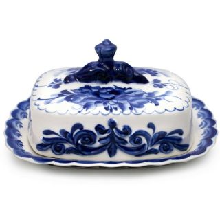 6x8 " Gzhel Porcelain Butter Dish W/ Blue Flowers.  Authentic,  Signed Гжель