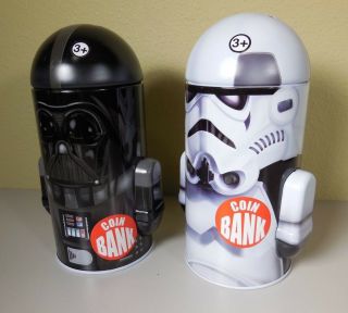 Star Wars Darth And Storm Trooper Tin Coin Bank 7.  25 In.  Tall X 3 3/8 In.  Wide