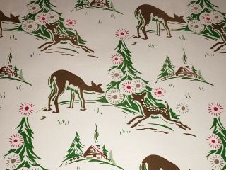 Vtg Christmas Wrapping Paper Gift Wrap Deer Cabin Winter Trees Nos So Cute