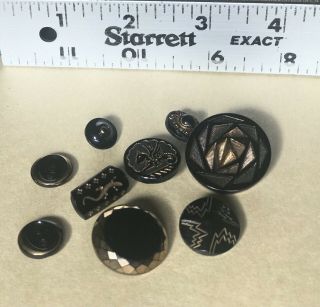 Vintage Black Glass Buttons With Gold Tone Accents