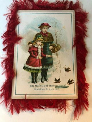 Antique Victorian Christmas Card Double Sides Silk Fringes 3 " X 4 1/4 "