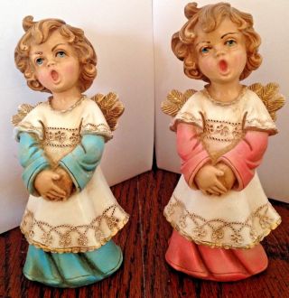 Vintage Christmas Caroler Angel Figurines Set Of 2 Signed By Artist Hard Rubber