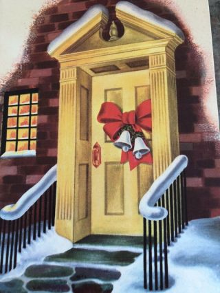 Golden Front Door Brick House Stone Pathway Red Bow Bells Christmas Vtg Card