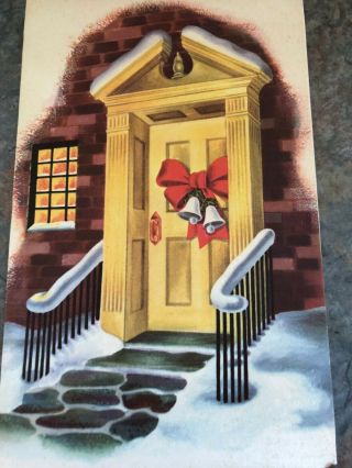 Golden Front Door Brick House Stone Pathway Red Bow Bells Christmas Vtg Card 2