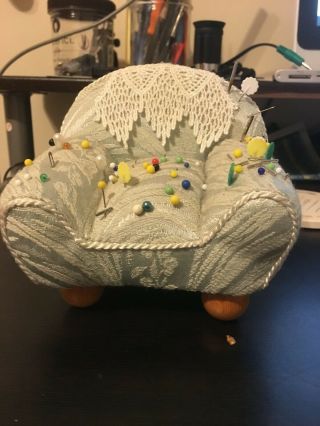 Pin Cushion Upholstered Retro Chair With Lace Head Rest And Some Pins