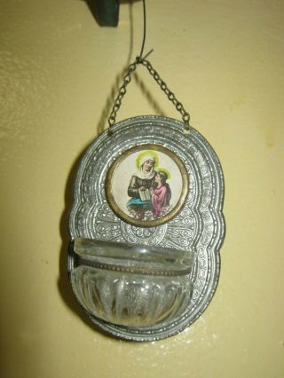 Vintage Metal Wall Hanging With Glass For Holding Holy Water Font Mary And Angel