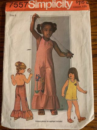 7557 Simplicity Sewing Pattern Girls Halter Jumpsuit Size 6 Vintage 1970s