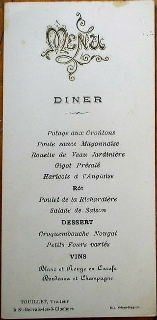 Menu - French,  C.  1910 W/wine: Blanc Et Rouge En Carafe,  Bordeaux Et Champagne