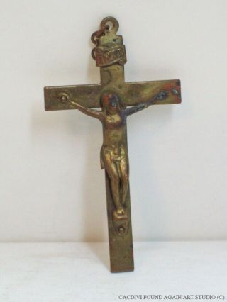 Vintage I Am A Catholic Notify Priest Crucifix Cross Brass Metal Pendant 2 1/4 "