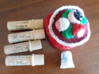 4 Vintage Wooden Needle Holders,  Crocheted Thread Cozy,  Porcelain Thimble