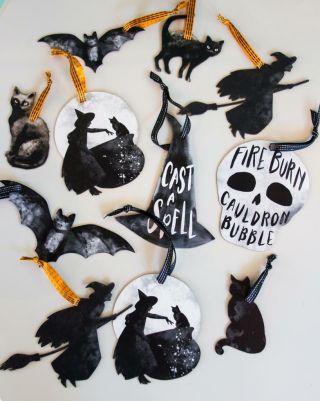 Set/11 Halloween Die Cut Ornaments Witches Black Cats Bats Skull Ribbon Hangers