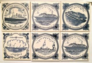 6 Vintage Holland America Line Porcelain Delft Blue Tile Cruise Ship Coasters