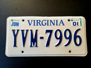 Gr8 2001 Virginia License Plate Tag Number Yvm 7996 Vintage Va