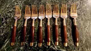 8 Dinner Forks Older Asian Siam Thailand Rose Wood Bronze Brass Rivet Handle