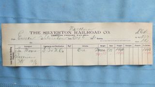 1896 Silverton Northern Railroad Freight Bill - Eureka To Silverton Colorado -
