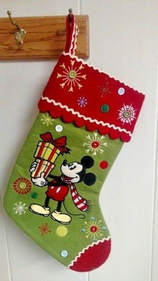 Disney Store Embroidered Mickey Mouse Holiday Christmas Stocking Very Rare 19 "