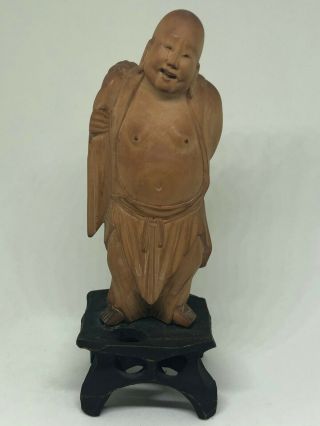 Vintage Sandalwood Carving Asian Chinese Japanese Man 5.  75 " Buddha Sack Statue