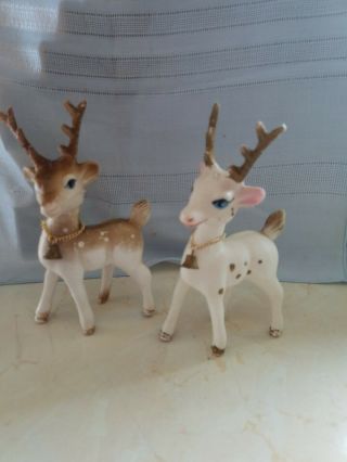 Vintage Plastic Christmas Deer With Bells Set Of Two