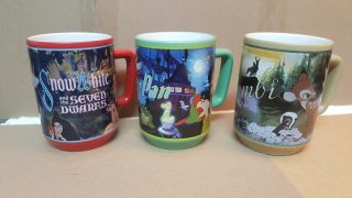 (3) " Rare " Disney Store Lrg Ceramic Coffee Mugs / Bambi - Peter Pan - Snow White