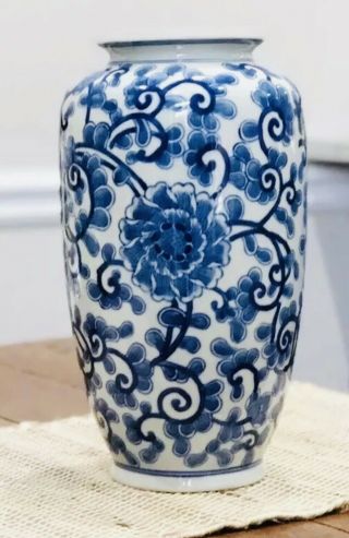 Marked 12” Tall Blue & White Oriental Porcelain Floral Motif Vase