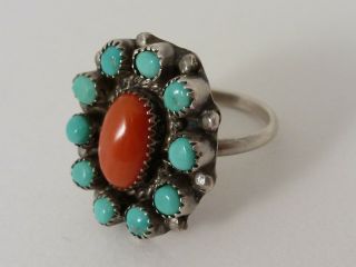 Vintage Navajo Sterling Silver Turquoise & Coral Ring
