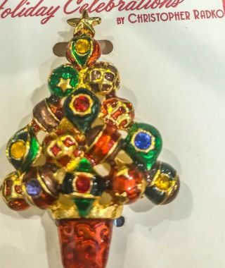 Vintage Christmas Tree Brooch Pin Ornament Rhinestones Signed Christopher Radko
