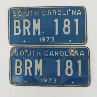 Vintage Pair 2 Matching 1973 South Carolina License Plates Brm 181 Blue White
