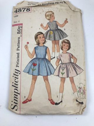 Vintage Simplicity 4878 Pattern For Child’s Size 4 One Piece Dress