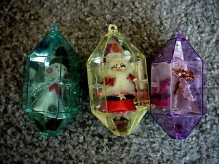3 Vintage Jewel Brite Christmas Tree Prism Ornaments Santa Angel Snowman 1950s