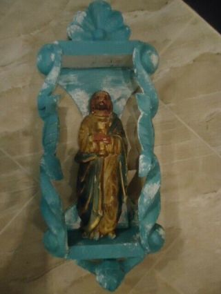 Vintage Mexican Religious Wood Carved Jesus In Niche