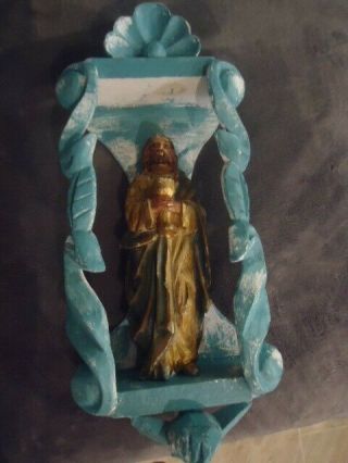 Vintage MEXICAN RELIGIOUS WOOD Carved Jesus in Niche 2