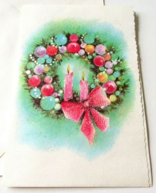 Vintage Christmas Card Glittery Wreath W Ornaments Pink Candles Pink Bow