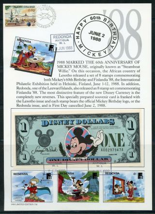 1988 Disney 60th Birthday Mickey Mouse Redonda Ii Finlandia $1 Currency Card