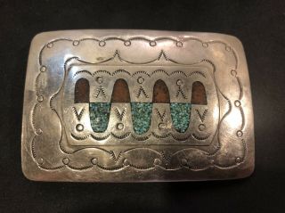 Vintage Native American Indian Ss Crushed Turquoise Coral Rectangle Belt Buckle
