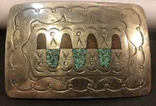 Vintage Native American Indian SS Crushed Turquoise Coral Rectangle Belt Buckle 2