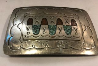 Vintage Native American Indian SS Crushed Turquoise Coral Rectangle Belt Buckle 4