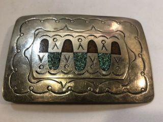 Vintage Native American Indian SS Crushed Turquoise Coral Rectangle Belt Buckle 5