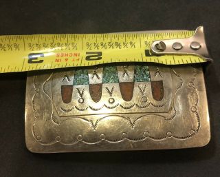 Vintage Native American Indian SS Crushed Turquoise Coral Rectangle Belt Buckle 6