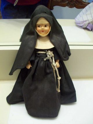 7 " Vintage Catholic Nun (sister) Doll In Black Habit,  White Rope,  Silver Cross,