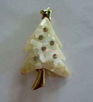 Lc Liz Claiborne - Christmas Tree Brooch / Pin Mosaic Shell Crystal Rhinestone