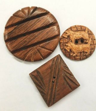 3 Vintage Buttons Scottie Dogs Geometric Carved Open Work,  Bur - Wood Syroco