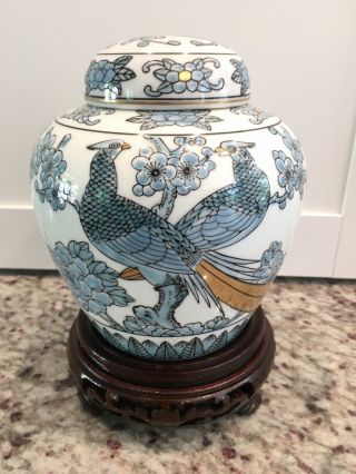 Gold Imari Hand Painted Ginger Jar W/ Wooden Stand Blue Pheasant Bird Floral