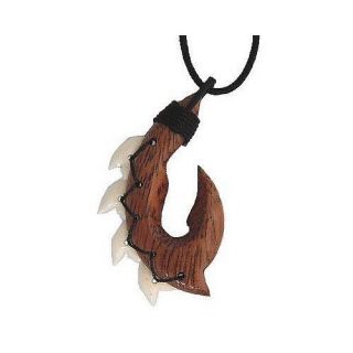 Hawaiian Jewelry Large Hawaiian Koa Wood Shark Tooth Fish Hook Necklace