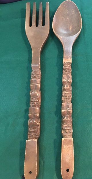 Tiki Totem Wood Fork Spoon Philippines Hand Carved X Large 28 In Wooden Wall Vtg