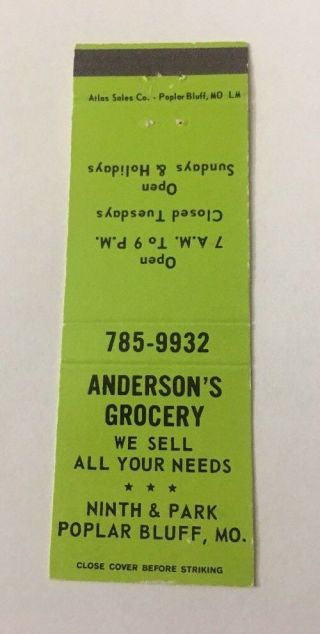 Vintage Matchbook Cover Matchcover Anderson’s Grocery Poplar Bluff Mo Unstruck