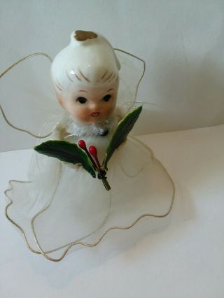 Vintage Christmas Angel Porcelain Head White Tulle Mesh Wings Ornament Topper