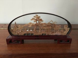 Vintage Pagoda Shadow Box Cranes Cork Art Diorama Chinese Miniature Wood Carving