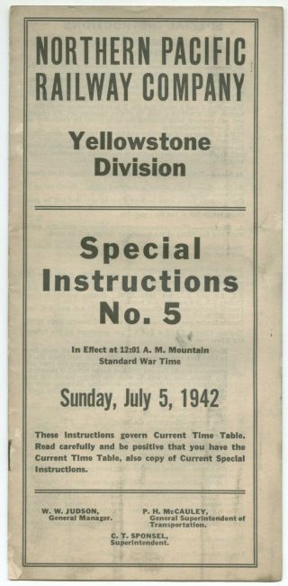 Northern Pacific Railway Co.  Yellowstone Div.  No.  5 Employe Timetable Jul 5,  1942