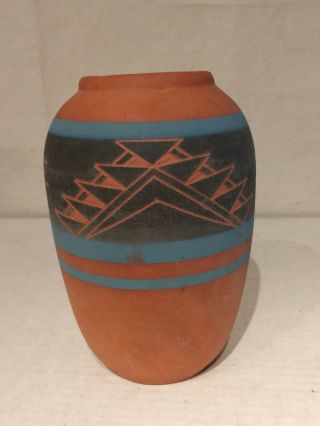 Sioux Indian Blue Black Terra Cotta Art Pottery 6 " Teepees Vase Signed Sprc Sd