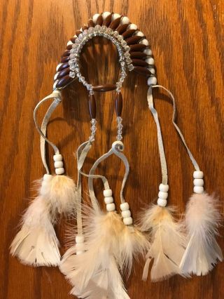 Indian Headdress War Bonnet Brown And White With Feathers Handmade